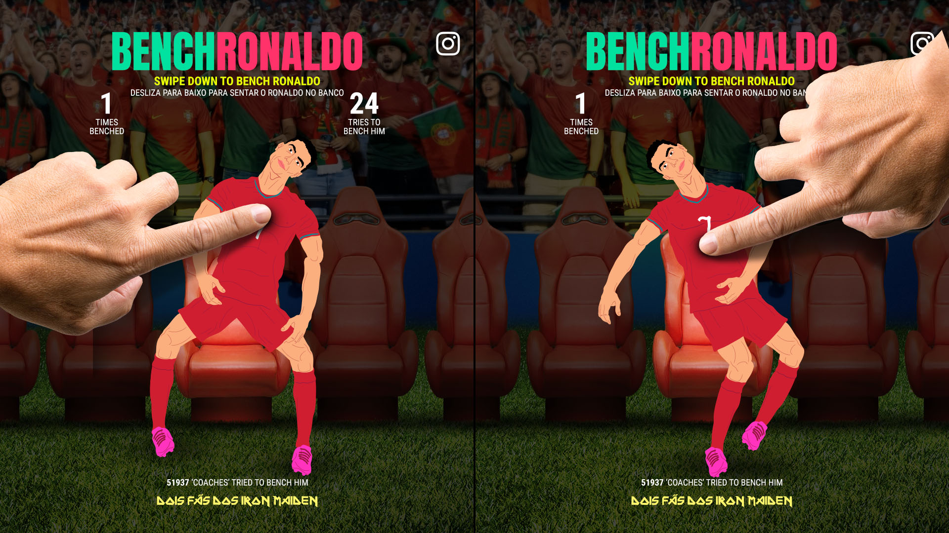 Duas capturas do site: um dedo empurra o Ronaldo para o banco, que cai sentado e de lado, com o contador de tentativas a subir para 24