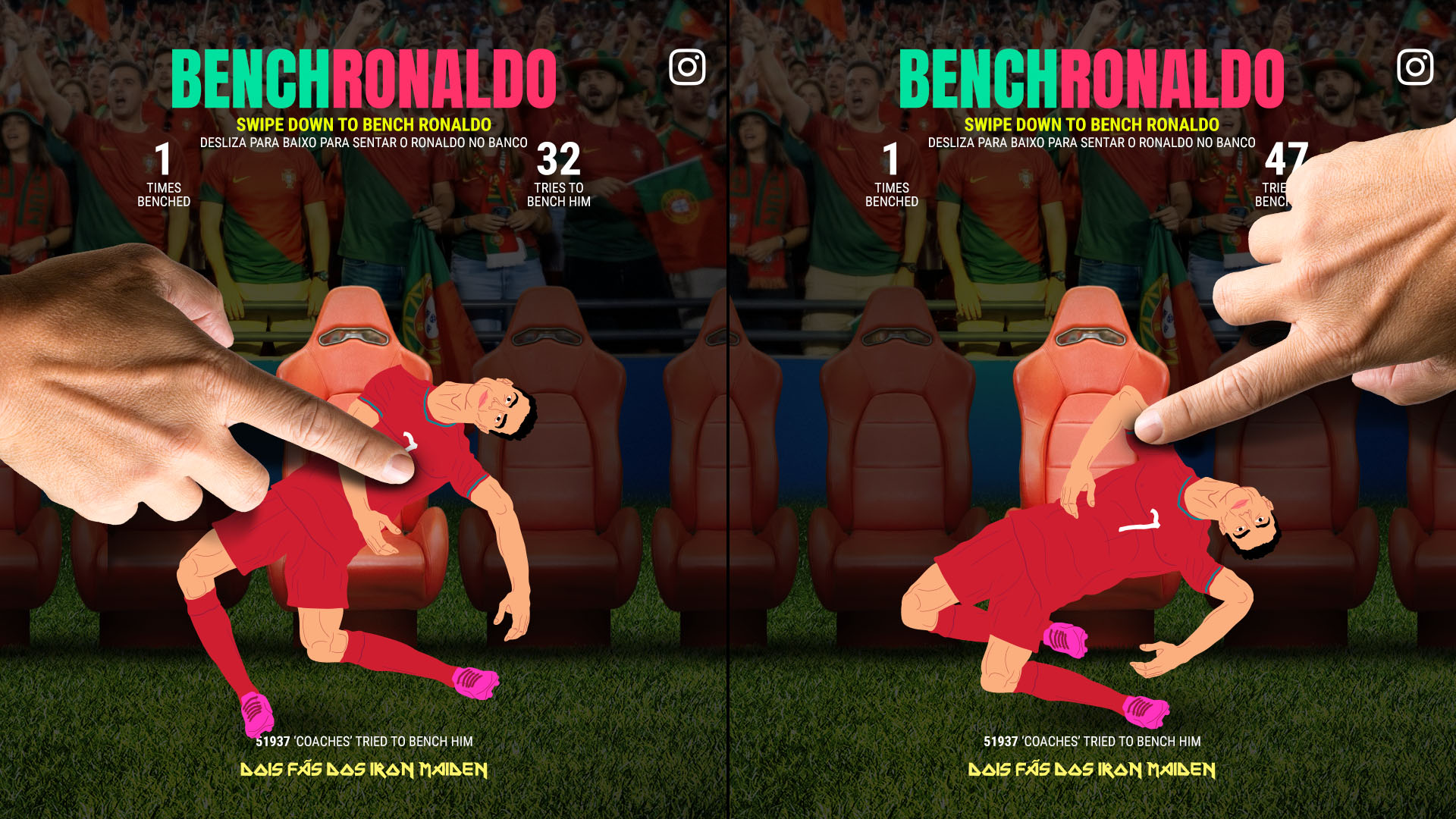 Duas capturas do site: dedos empurram o Ronaldo, que acaba deitado de lado no banco, com os contadores de tentativas em 32 e 47