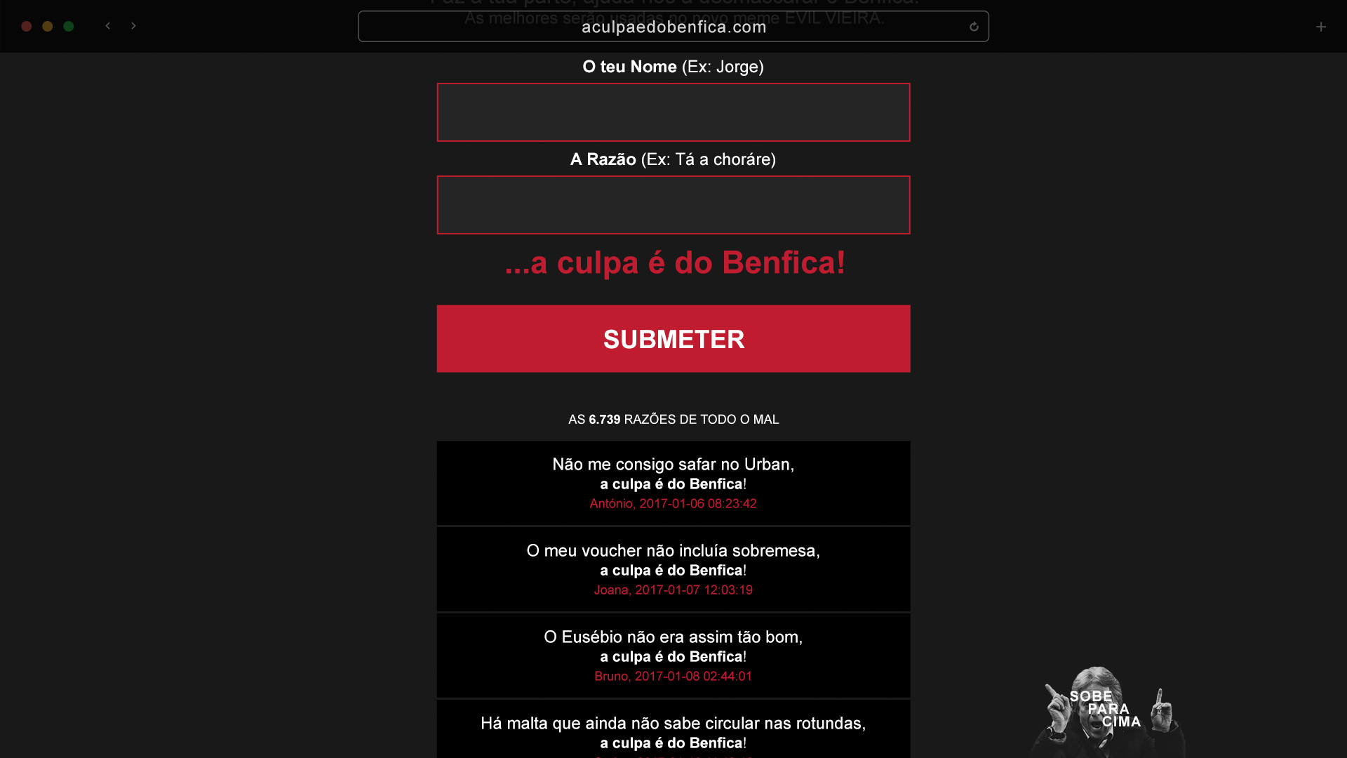 Formulário do site: campos «O teu nome» e «A razão», a frase «…a culpa é do Benfica!», o botão «Submeter» e a lista «As 6.739 razões de todo o mal»