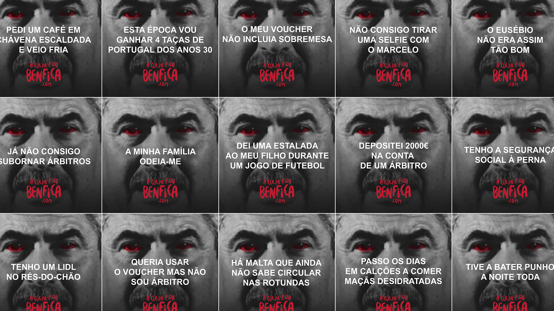 Grelha de quinze cartões com o mesmo retrato a preto e branco de olhos vermelhos, cada um com uma razão absurda, como «O meu voucher não incluía sobremesa»