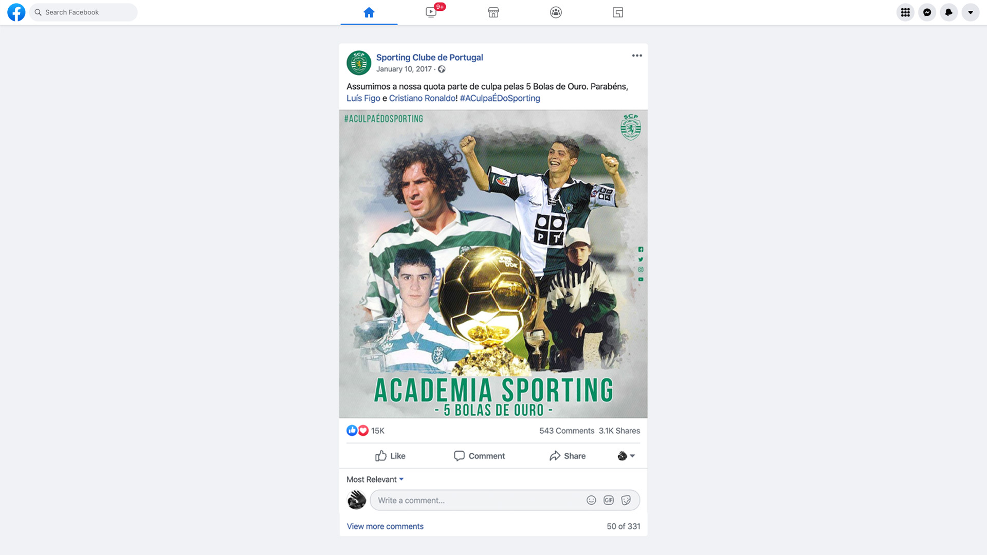 Publicação do Sporting no Facebook, de 10 de janeiro de 2017, a assumir a «quota parte de culpa» pelas 5 Bolas de Ouro, com a hashtag #AculpaÉdoSporting