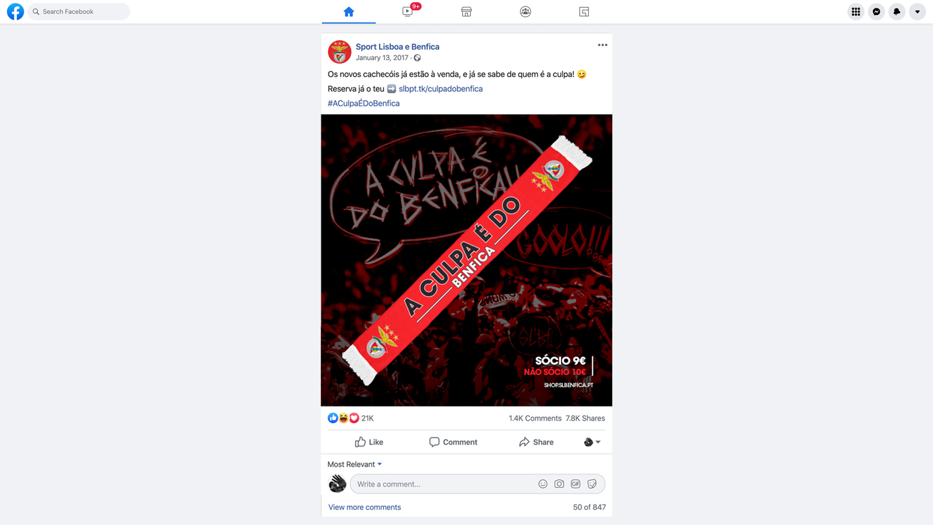 Publicação do Benfica no Facebook, de 13 de janeiro de 2017, a anunciar os novos cachecóis «A culpa é do Benfica» à venda por 9 € para sócios e 10 € para não sócios