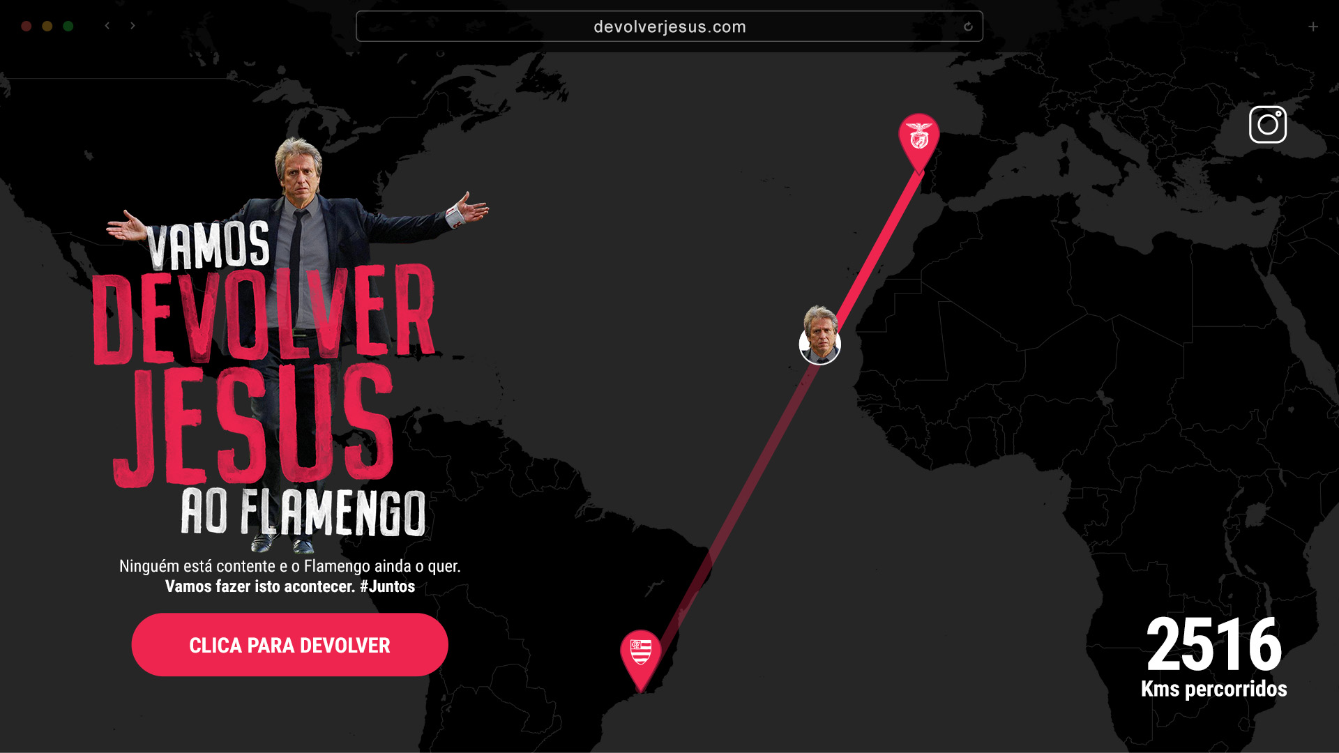 Site devolverjesus.com: mapa com a linha do Benfica ao Flamengo, Jorge Jesus de braços abertos, o botão «Clica para devolver» e o contador de 2516 quilómetros percorridos