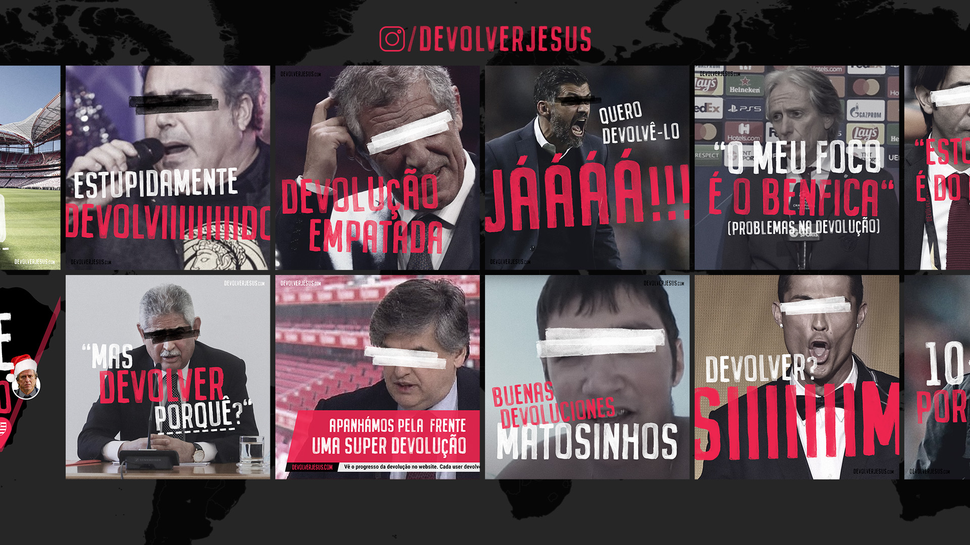 Grelha de publicações do Instagram @devolverjesus: fotografias de figuras do futebol com os olhos tapados e frases como «Devolução empatada» e «Devolver? Siiiim»