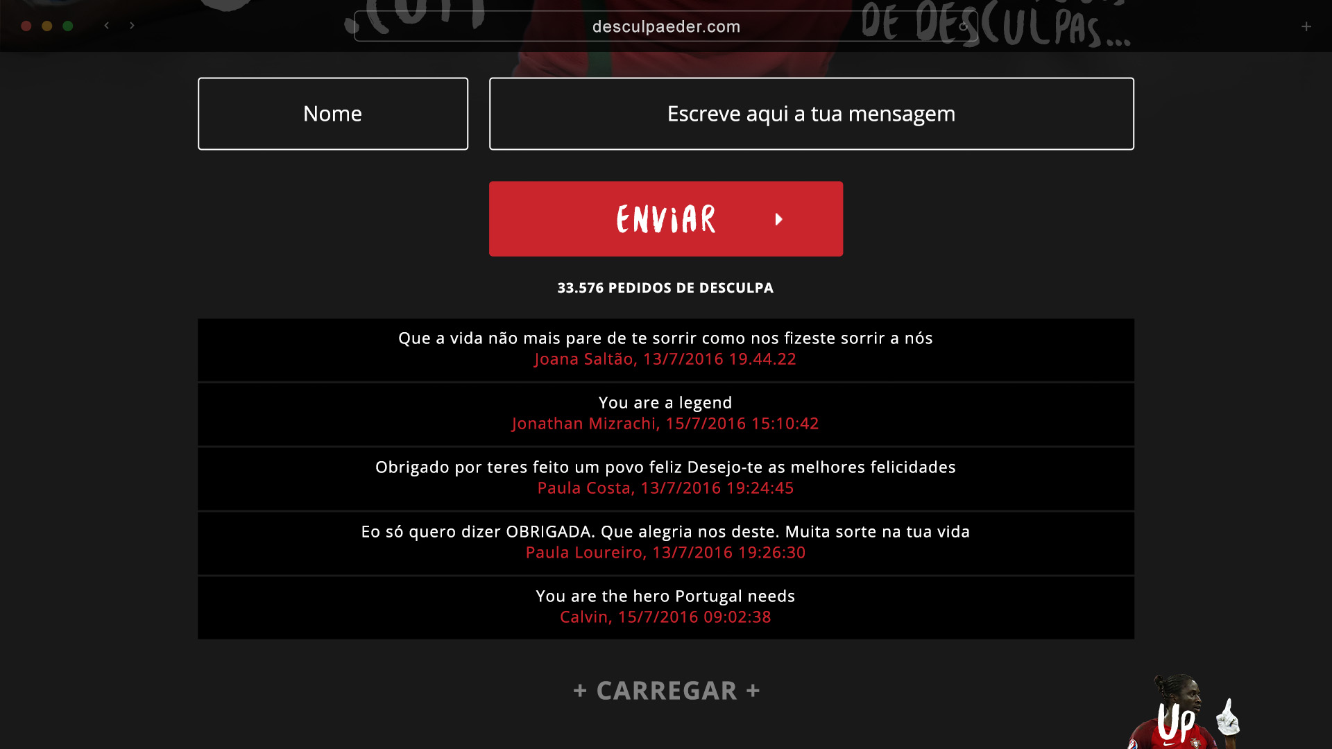 Formulário do site com o contador «33.576 pedidos de desculpa» e uma lista de mensagens de apoio a Éder, como «You are a legend»