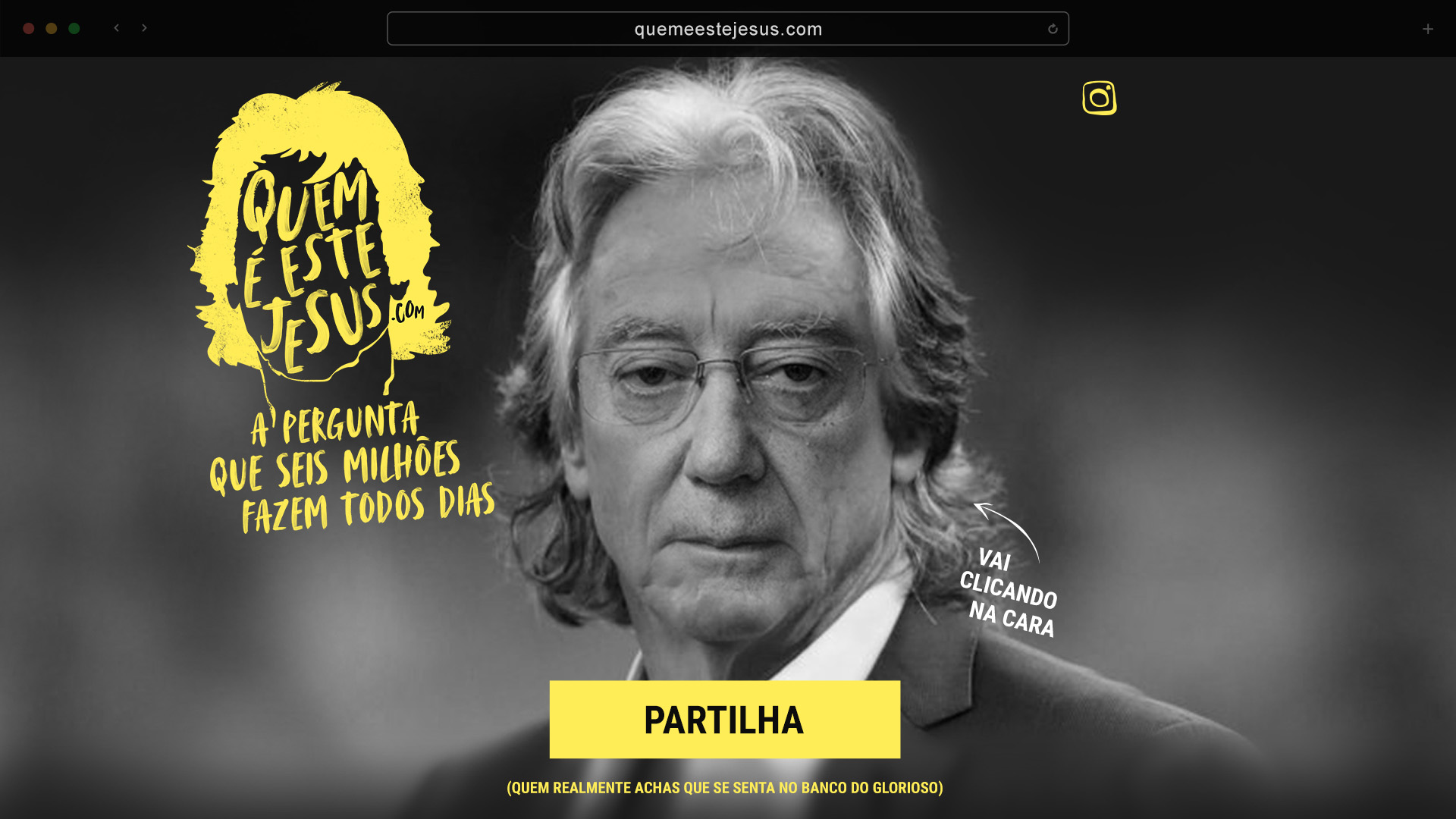 Site quemeestejesus.com: retrato a preto e branco de um homem de cabelo comprido e óculos, o logótipo amarelo «Quem é este Jesus», a frase «A pergunta que seis milhões fazem todos os dias» e o botão «Partilha»