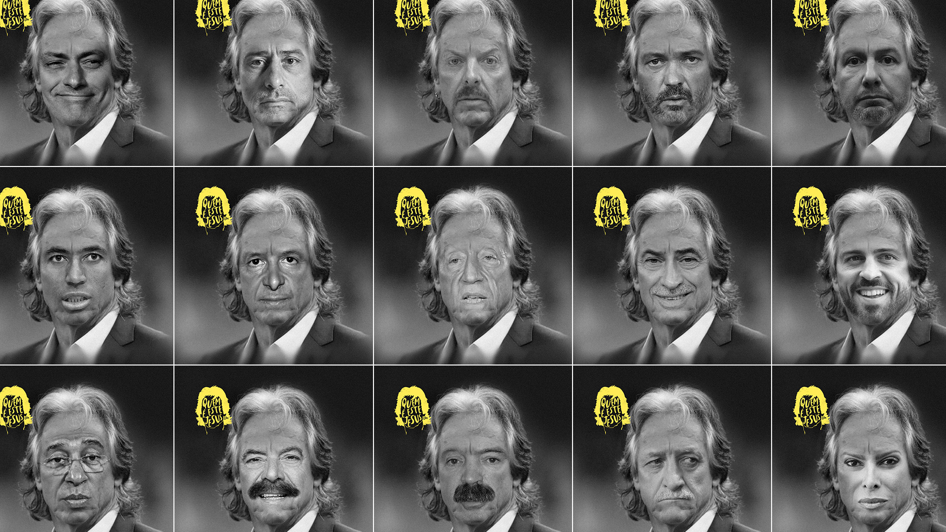 Grelha de quinze retratos a preto e branco com o mesmo cabelo comprido e expressões e caras diferentes, cada um com o logótipo amarelo «Quem é este Jesus»